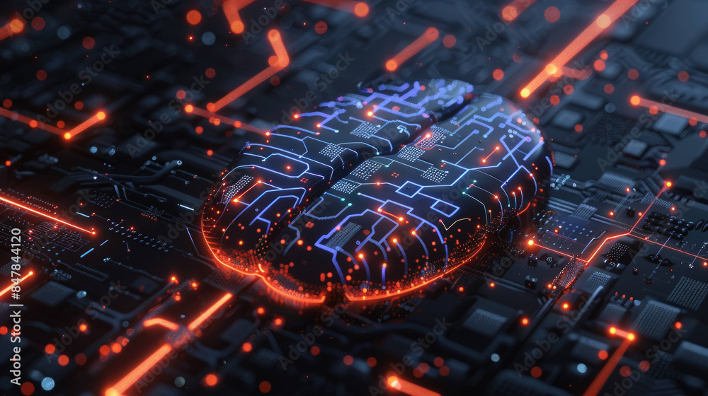 Poster Illuminated Digital Brain with Intricate Circuitry Symbolizing Advanced AI Processing on Dark Background
