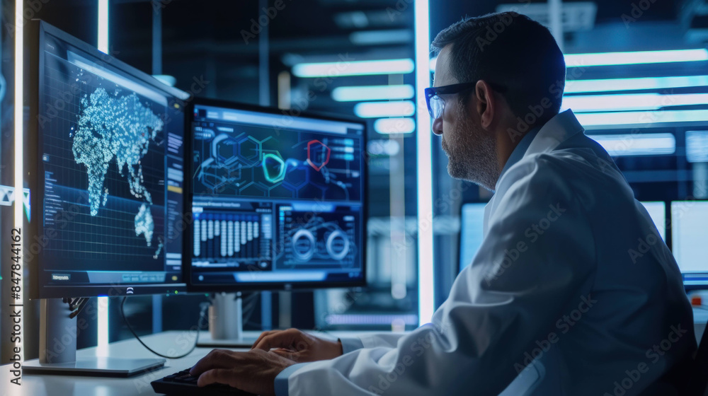 Poster Futuristic Technology Concept - Scientist Analyzing Data with AI Algorithms on Computer Screen