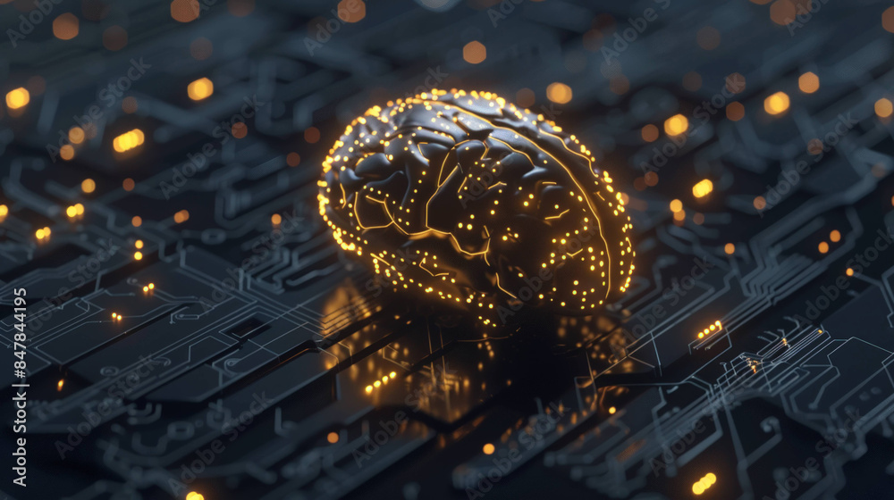 Poster Illuminated Digital Brain with Intricate Circuitry on Dark Background Symbolizing Advanced AI Processing