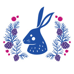Vector imprint illustration of silhouette a hare framed from coniferous branches, cones in blue-violet colors with red berries. Hand drawn illustration