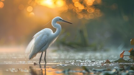 Naklejka premium A single white egret standing in shallow water at sunset