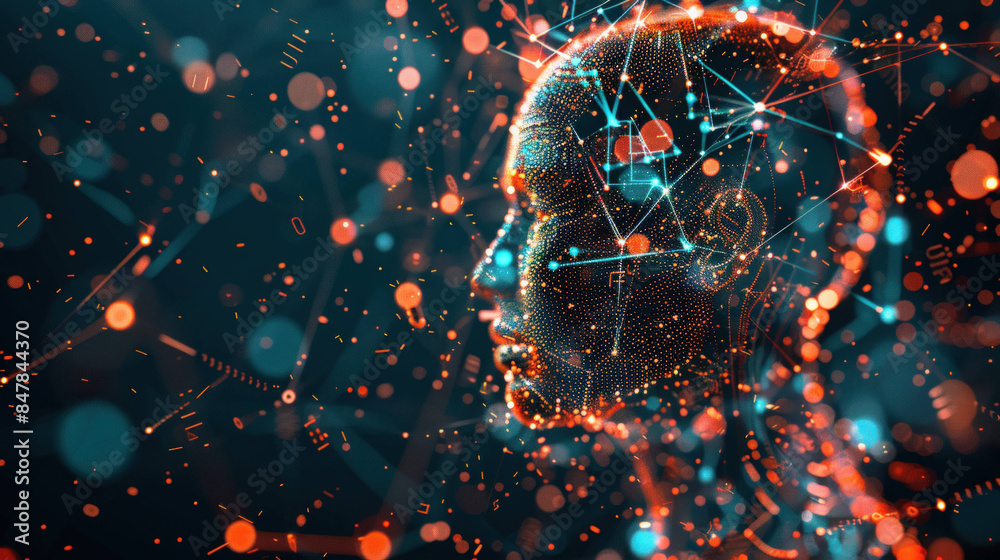 Poster digital mind: human head with network connections illustrating ai and big data analysis