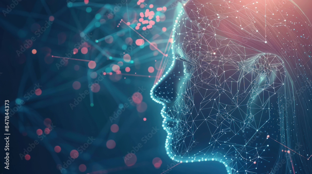 Poster Connectivity in the Digital Age: Human Head with Network Connections and Data Flow Symbolizing AI and Big Data Analysis