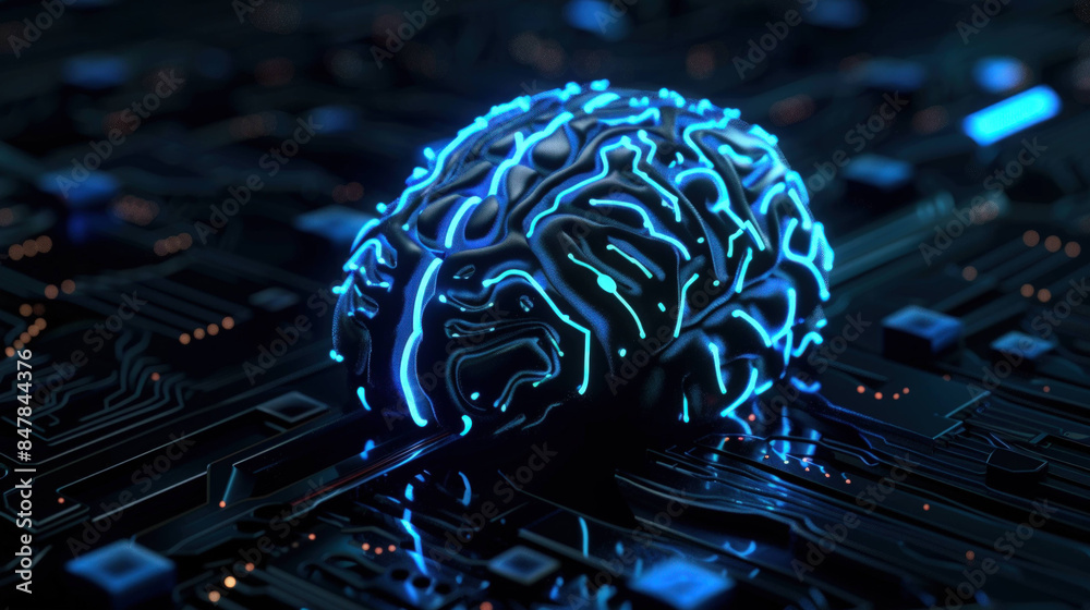 Poster Illuminating the Future: 3D Digital Brain with Neon Circuits Symbolizing Advanced AI Technology on Black Background