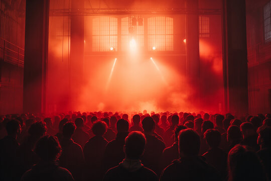 people of ai // concert in a large old industrial warehouse, red lights, foggy, overhead view, urban, rave, technoparty, nightlife, photorealistic // ai-generated 