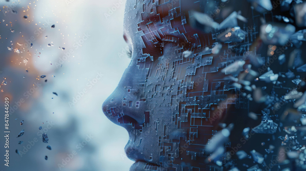 Poster Cybernetic Evolution - Fragmented Human Face with Pixelated AI Elements Illustrating Digital Transformation in Technology