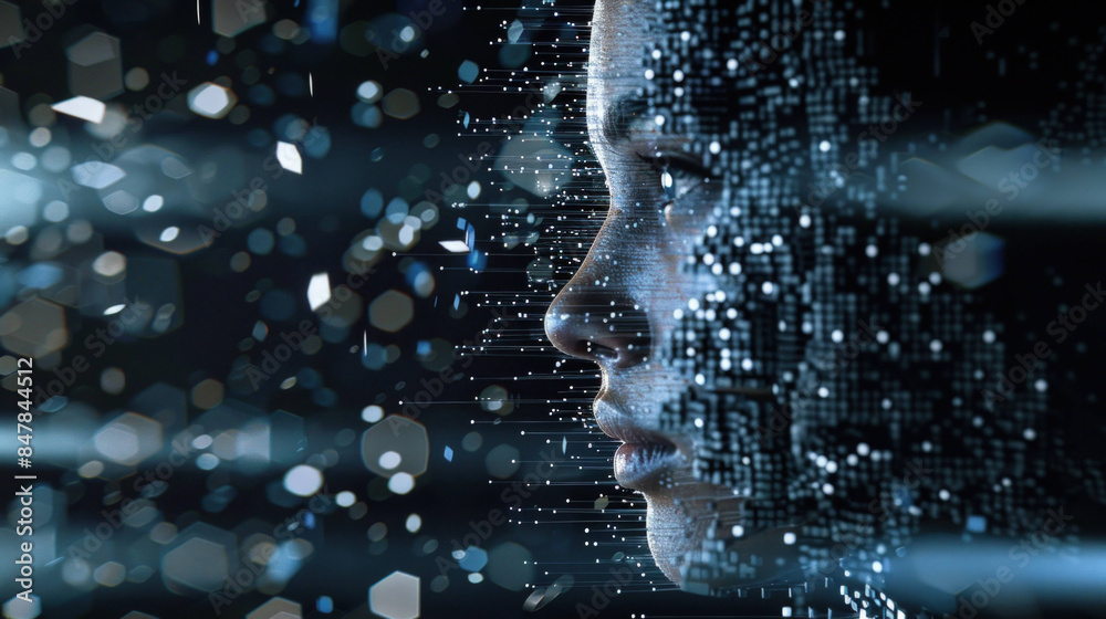 Aufkleber Digital Transformation: Fragmented Human Face with Pixelated AI Elements