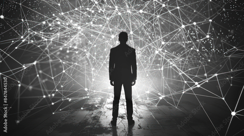 Poster futuristic human silhouette with network nodes and lines, symbolizing ai communication