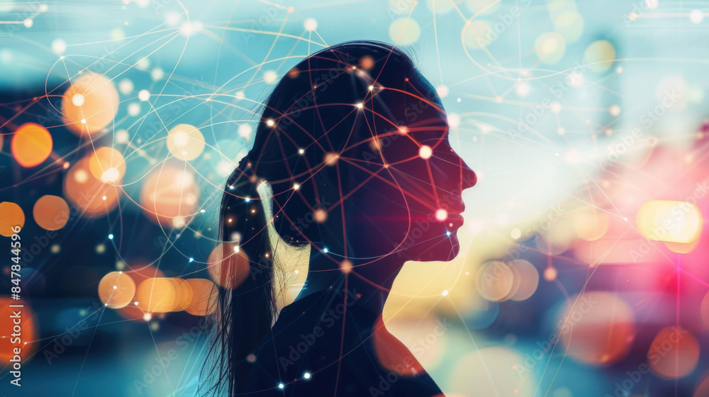 Poster Digital Connection: Human Silhouette with Network Nodes and Lines, Symbolizing AI Communication