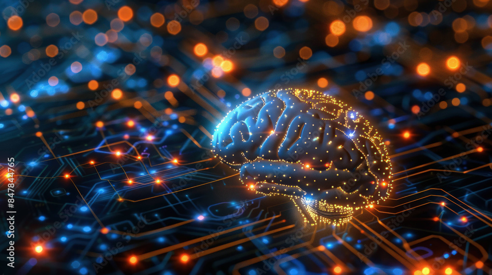 Poster Futuristic AI Brain with Glowing Circuits Illustrating Neural Networks and Technology Advancement