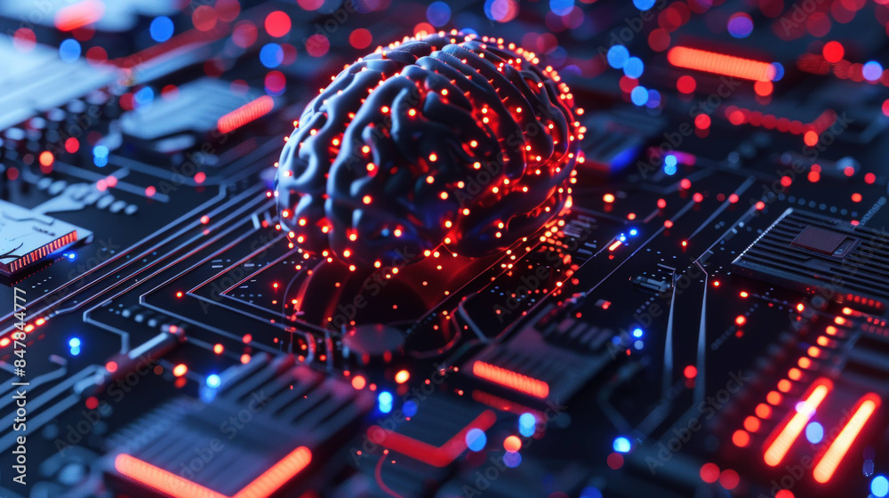 Poster Futuristic AI Brain with Glowing Circuits - Conceptual Illustration of Artificial Intelligence and Neural Networks