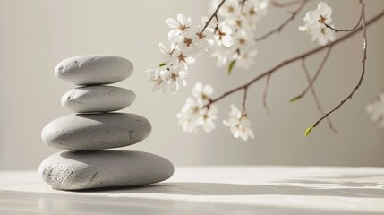 A stack of four smooth gray stones balanced on top of each other with a branch of white cherry blossoms in the background. The scene is serene and minimalist, evoking a sense of peace and balance.