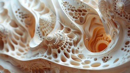 Intricate abstract fractal design with smooth, flowing curves and organic shapes in a soft, beige and coral color palette.