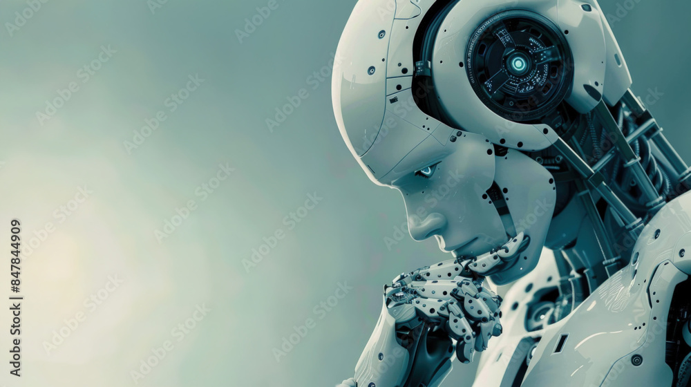 Poster Contemplative Futuristic Robot - Symbolizing Deep AI Reflection and Thoughtful Contemplation