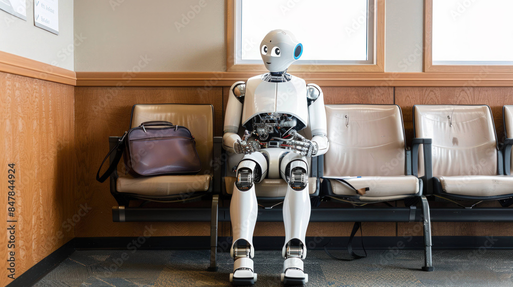 Poster Futuristic Business Robot Sitting in Waiting Room with Briefcase, Symbolizing AI Integration in Corporate Environment