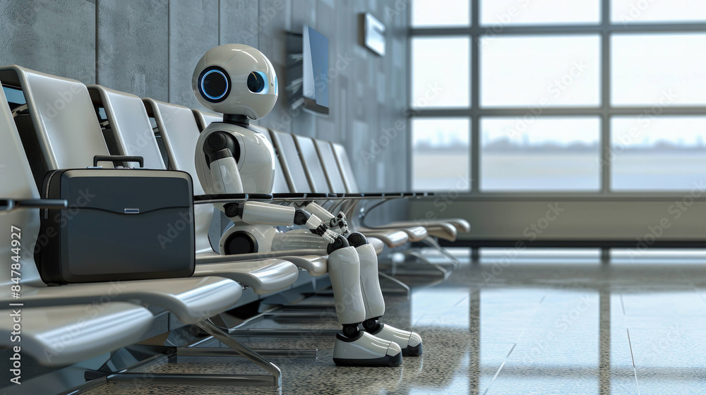 Poster modern ai in the workplace: robotic businessman waiting in office lobby with briefcase