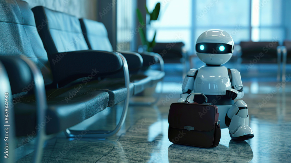Poster Artificial Intelligence in the Workplace - Business Robot Sitting in Waiting Room with Briefcase, Concept of Future Technology and Automation