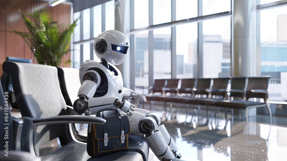 Poster Modern Business Robot With Briefcase Sitting in Waiting Room, Symbolizing AI Integration in Workplace