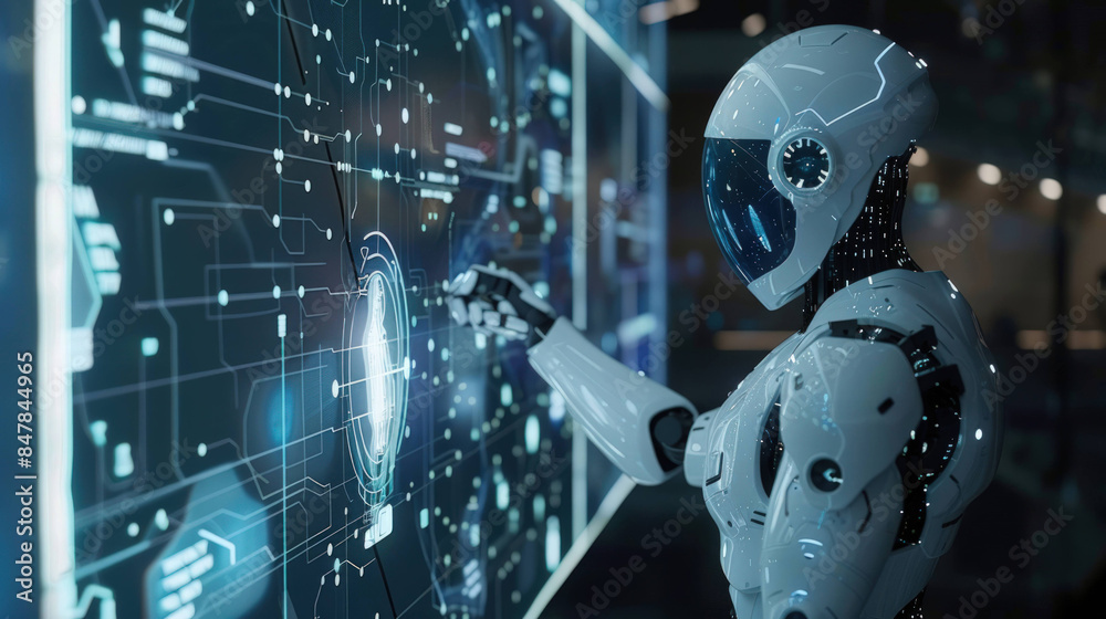 Poster futuristic humanoid robot engaging with digital interface, illustrating cutting-edge ai technology