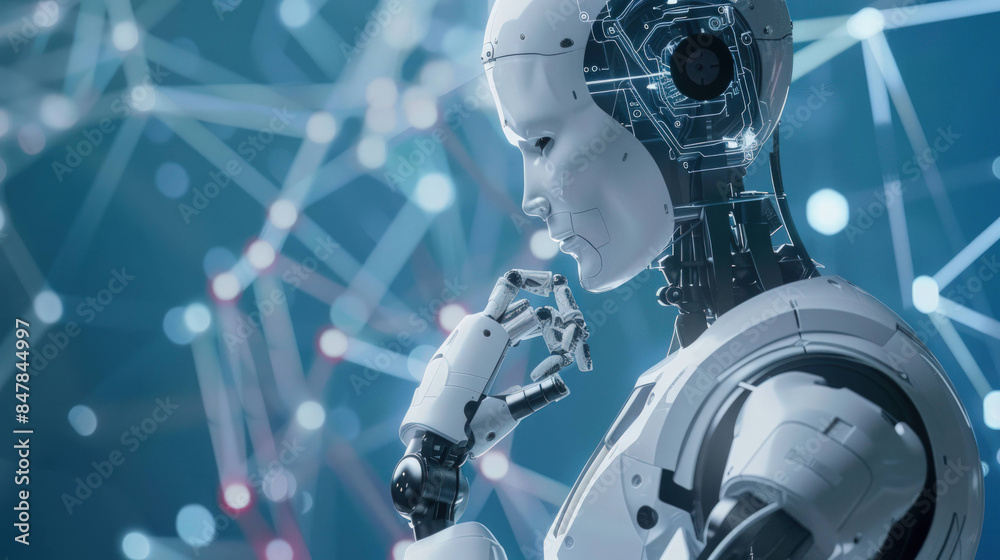 Poster Futuristic Humanoid Robot Engaging with Digital Interface, Showcasing Advanced AI Technology