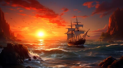 ship in the sunset