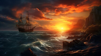 Obraz premium sailing ship in the sunset