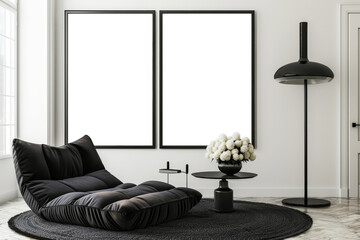 Minimalist Black and White Modern Interior Mock-up with Stylish Chaise Lounge and Framed Art Mock-ups
