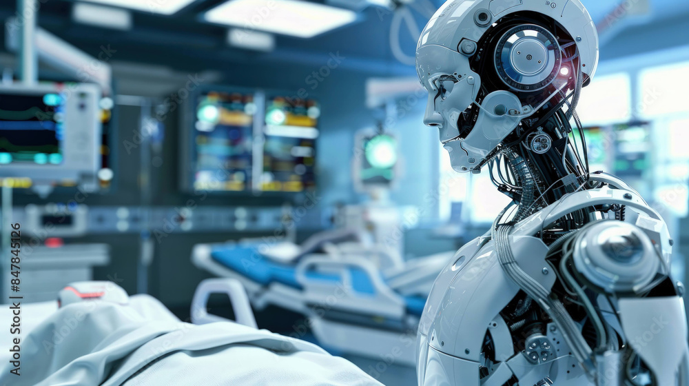 Poster futuristic medical technology - intelligent robot assisting with advanced procedures in high-tech ho