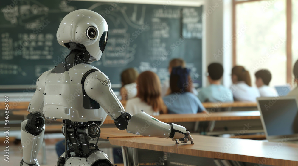 Poster Futuristic AI Robot Teacher Engaging Students in a Technologically Advanced Classroom Setting