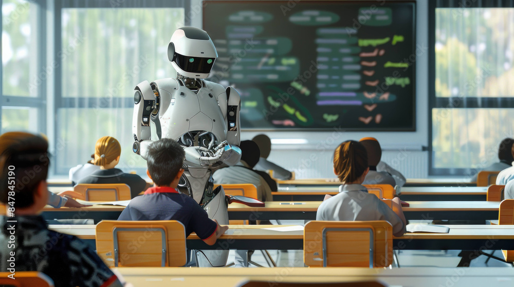 Poster futuristic classroom: ai robot teacher engaging students in virtual learning experience