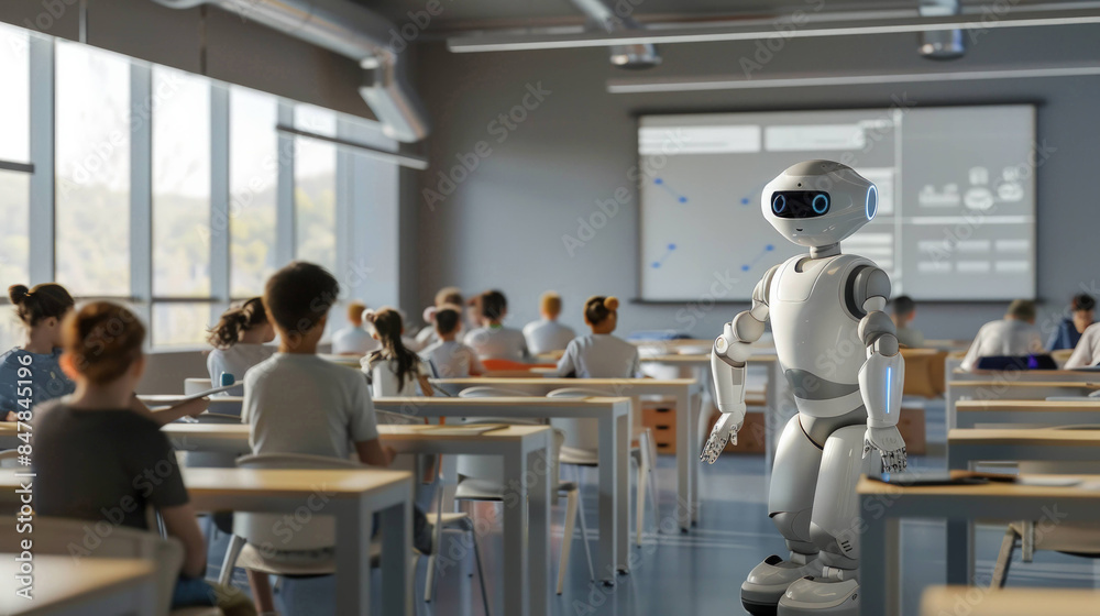 Poster Futuristic AI Robot Teacher Leading Classroom Instruction for Students in Technology-Enhanced Learning Environment