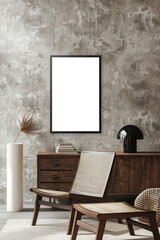 Rustic Modern Interior Mock-up with Empty Framed Art and Wooden Furniture