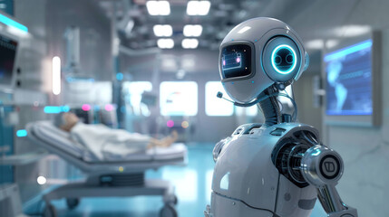 Fototapeta premium Futuristic Healthcare: Intelligent Robot Assisting with Medical Procedures in a High-Tech Hospital
