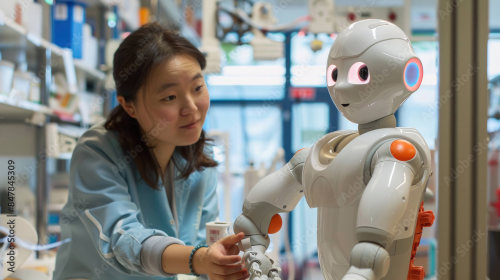Poster Futuristic Robot and Scientist Engaging in Deep Conversation about Artificial Intelligence Research in Modern Laboratory Setting