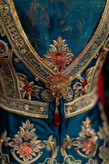 Fototapeta premium Close-up of intricate embroidery and ornate details on elegant traditional clothing, showcasing exquisite craftsmanship.