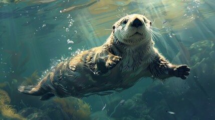Obraz premium Generative AI: Cute Sea Otter in Underwater Play