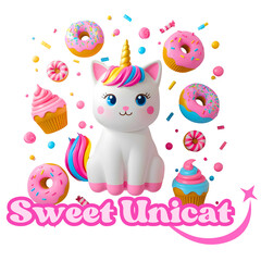 Obraz premium a pastel-colored illustration of a unicorn cat surrounded by cute sweets donuts, cupcakes, and candies on transparent background