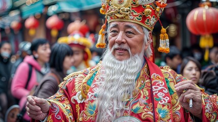 Naklejka premium A man dressed as the God of Wealth stands in a crowd of people, smiling and holding a small object