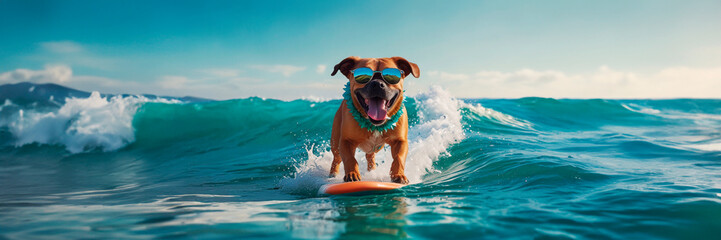 Dog in sunglasses riding the waves, surfing on a board, summer vacation concept, template, copy space.