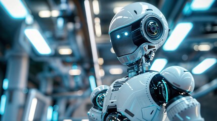 Fototapeta premium A futuristic robot with glowing blue eyes stands in a modern, metallic environment, its gaze fixed on an unseen point beyond the frame