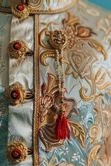 Obraz premium Close-up of intricate traditional embroidered fabric with ornate details, showcasing exquisite craftsmanship and colorful patterns.