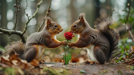 Squirrel presenting a floral gift to its mate in a delightful Valentine's Day scene, celebrating love and wildlife joyously