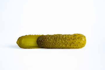cucumber dill pickle cut into spears, isolated on white background