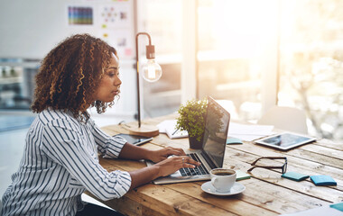Woman, laptop and typing in office for social media post, communication or online news and email....