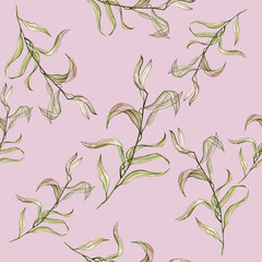 Fototapeta premium watercolor pattern on a pink background with twigs and leaves