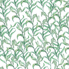 watercolor pattern with a green twig and leaves isolated