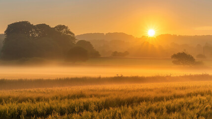 Fototapeta premium Sunrise over misty countryside field