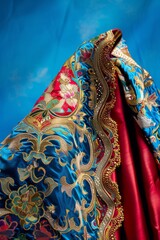 Naklejka premium Close-up of ornate, colorful fabric with intricate embroidery against a blue background. Rich textures and vibrant patterns.