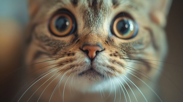 Frightened Cat Portrait with Big Eyes and Emotional Expression Capturing Fear