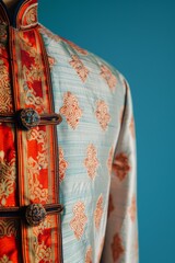 Naklejka premium Close-up of traditional Asian garment with intricate patterns and vibrant colors on a turquoise background.